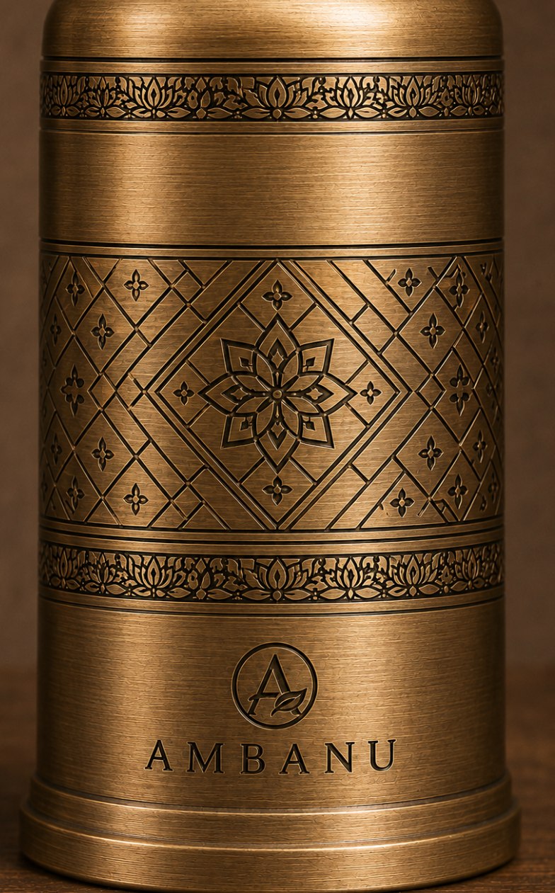 Detailed engraving on an AMBANU brass mill